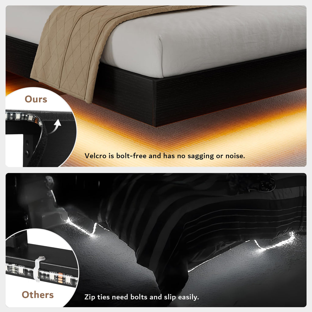 Queen Floating Bed Frame with LED Lights & Charging Station U636819