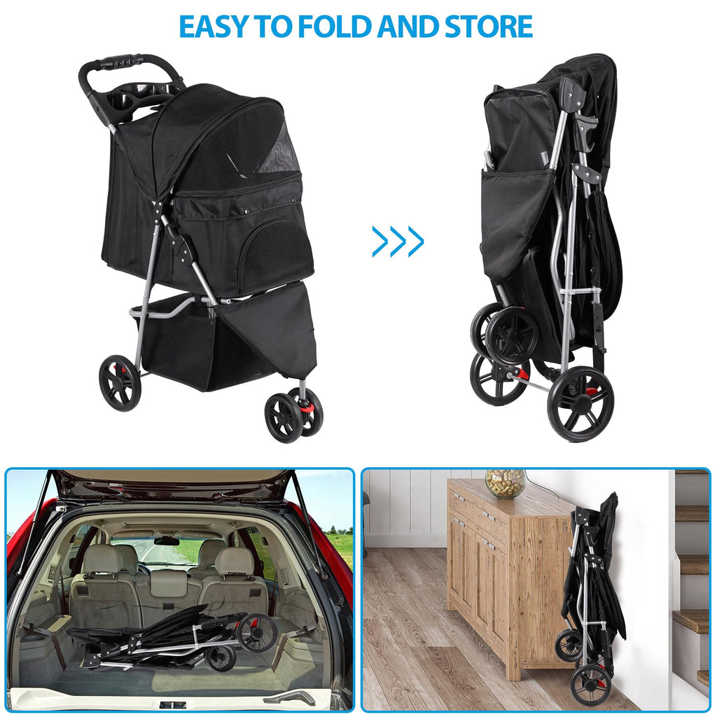 Foldable Pet Stroller with Weather Cover, Storage Basket and Cup Holder D31798