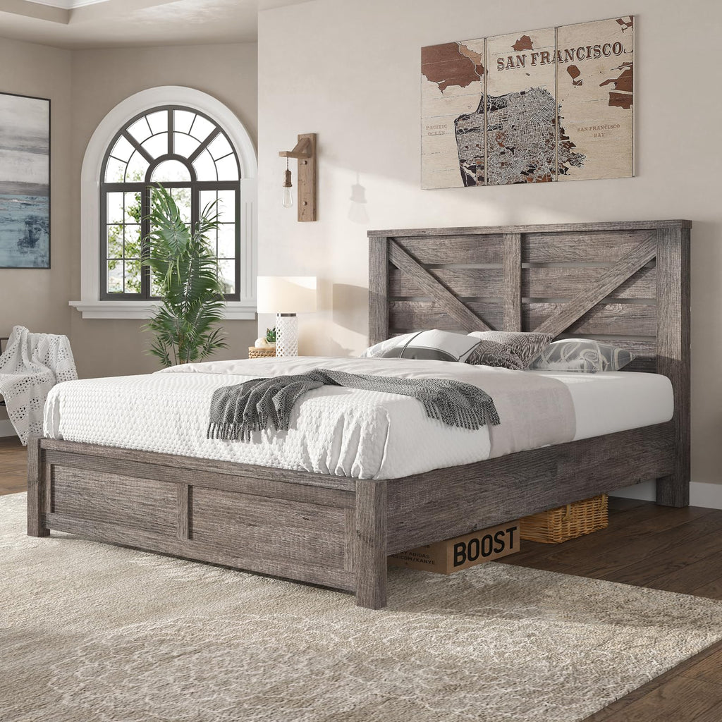 Gray Full Size Bed Frame with Barn Door Headboard Z849863