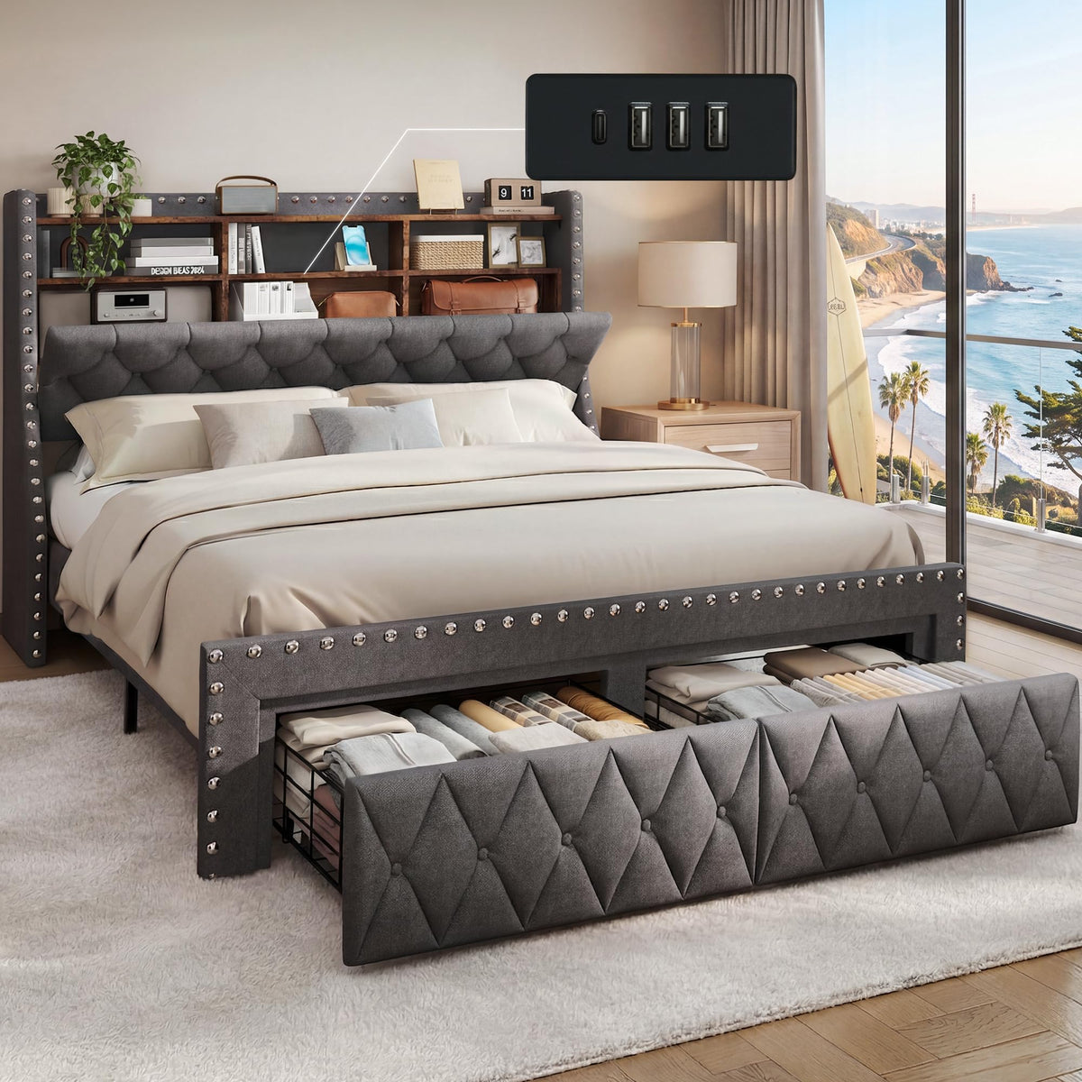1000LBs Full Bed Frame with Hidden Storage, 2 Drawers and Charging Station Q46442