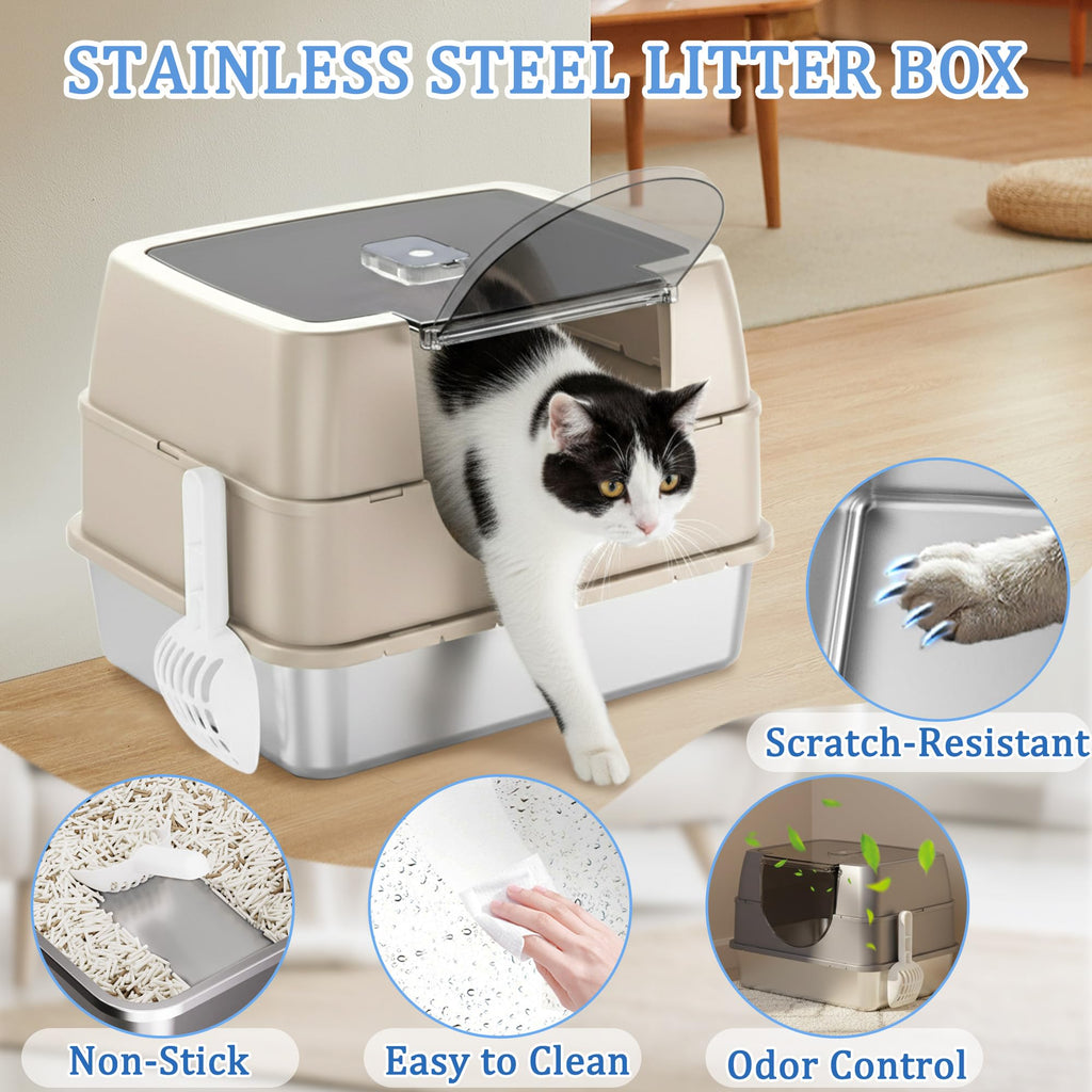 Stainless Steel Enclosed Cat Litter Box with Scoop & Mat X4190