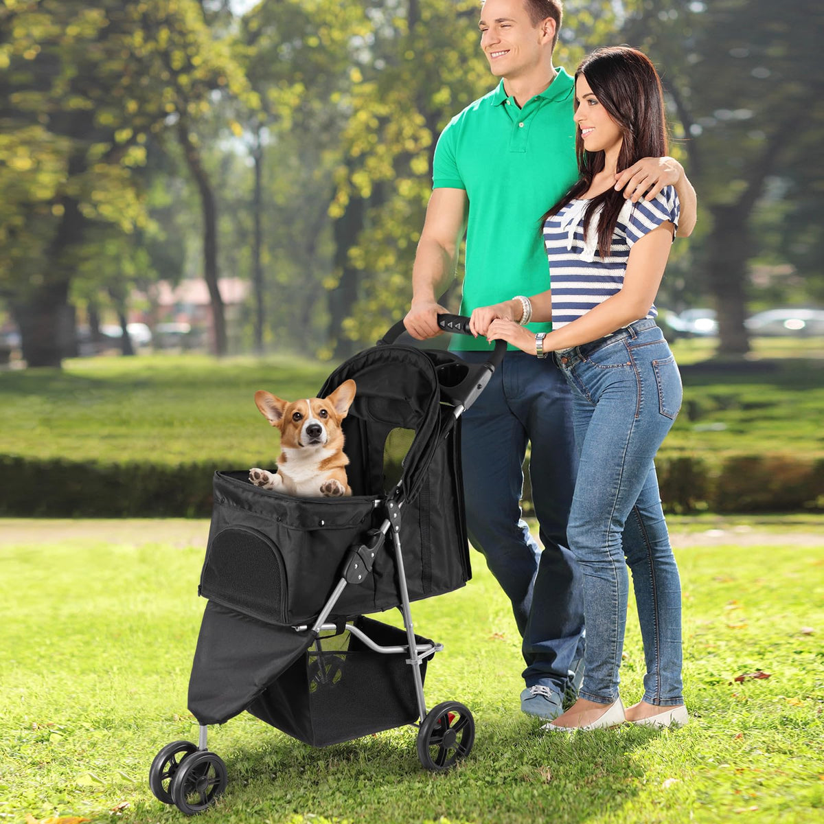 Foldable Pet Stroller with Weather Cover, Storage Basket and Cup Holder D31798