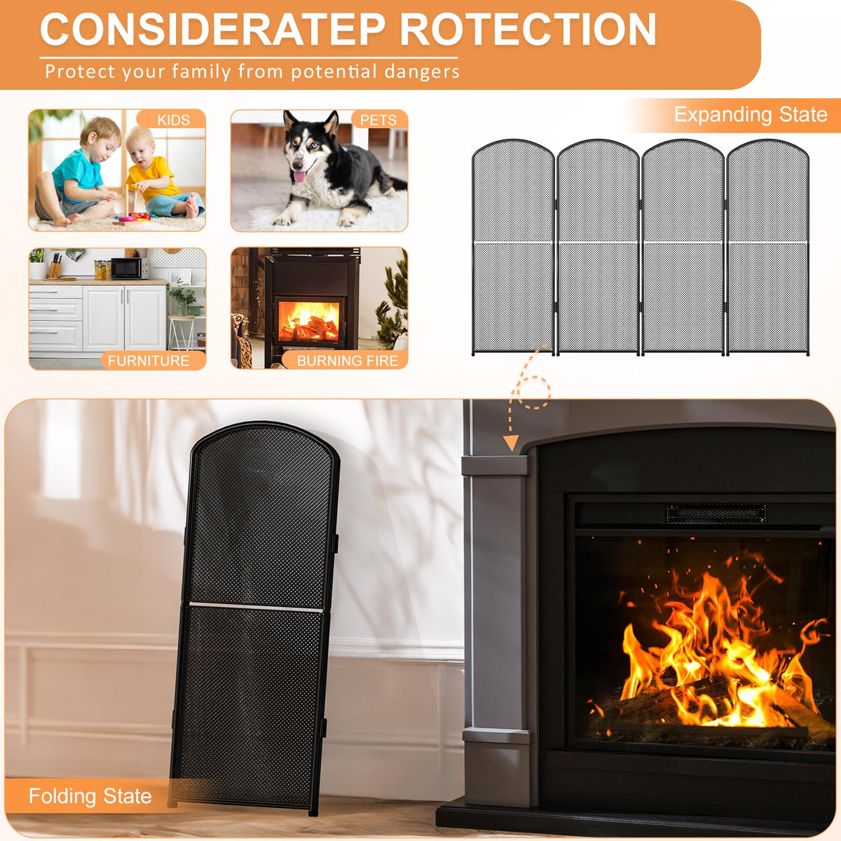 Black Foldable Fireplace Screen W497