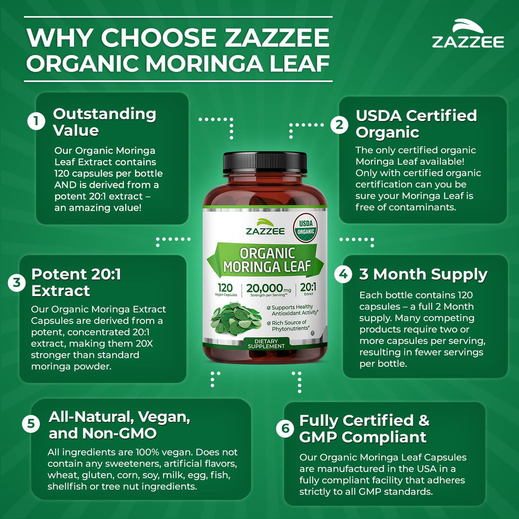 USDA Organic Moringa Leaf 20:1 Extract 120 Vegan Capsules W471