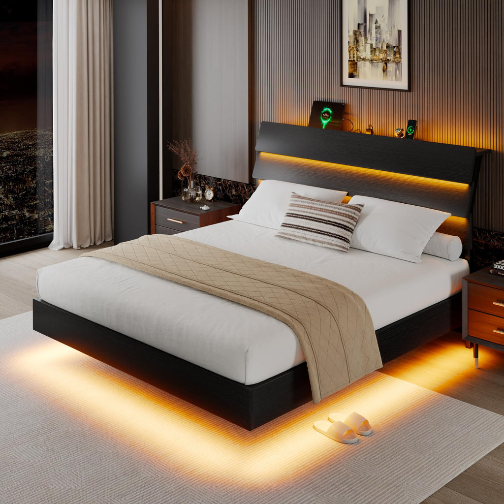 Queen Floating Bed Frame with LED Lights & Charging Station U636819