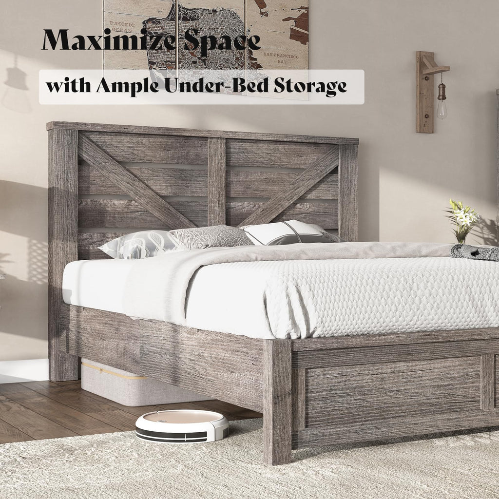Gray Full Size Bed Frame with Barn Door Headboard Z849863