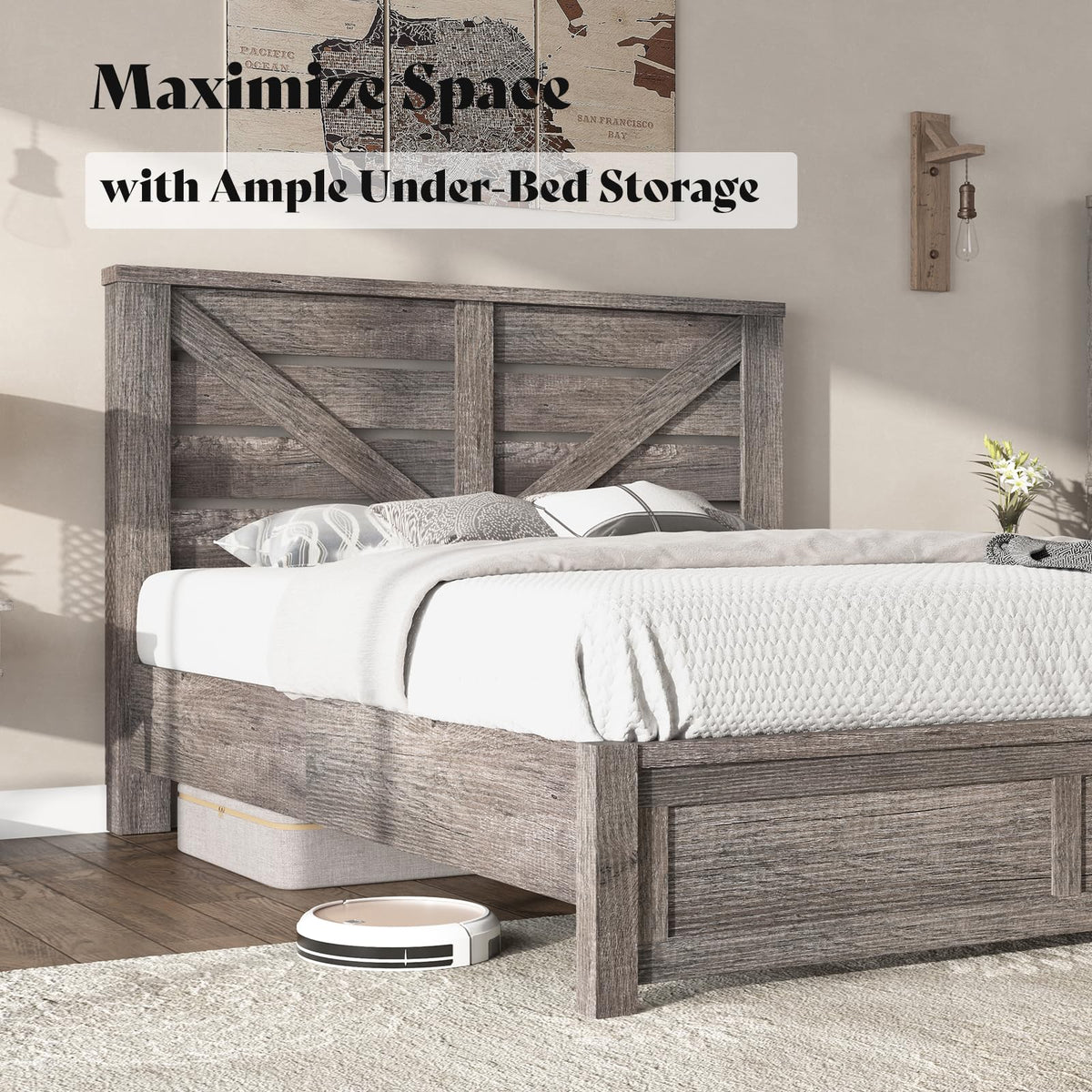 Gray Full Size Bed Frame with Barn Door Headboard Z849863