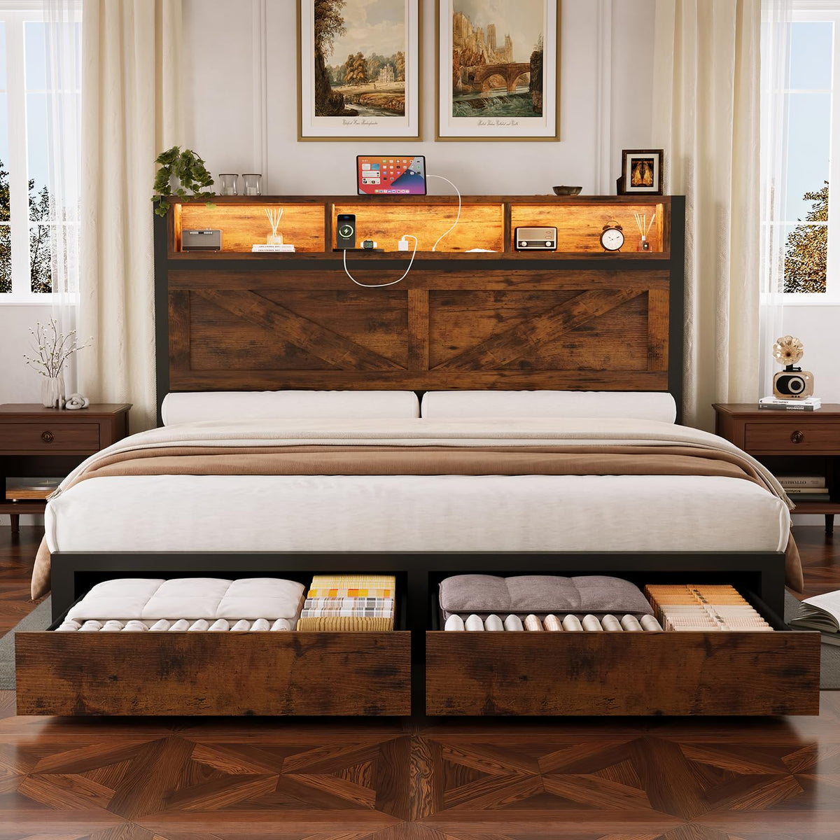 Queen Bed Frame with Bookcase Storage Headboard and 2 Storage Drawers N398