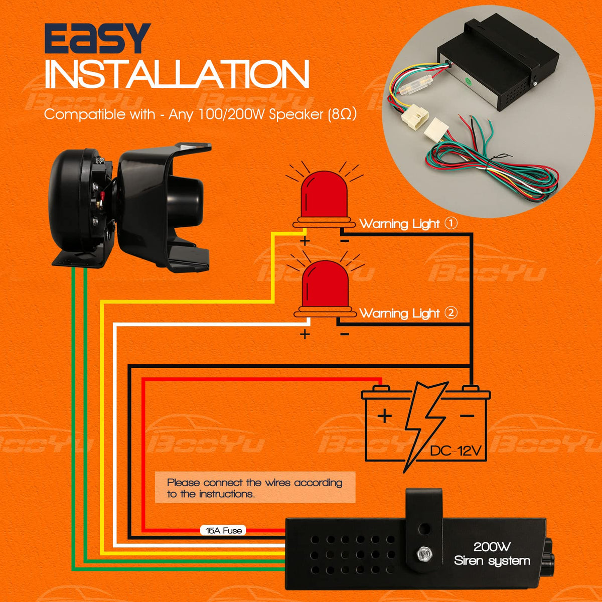 12V 200W 9 Tones Emergency Warning Siren PA System with Handheld Microphone M796566