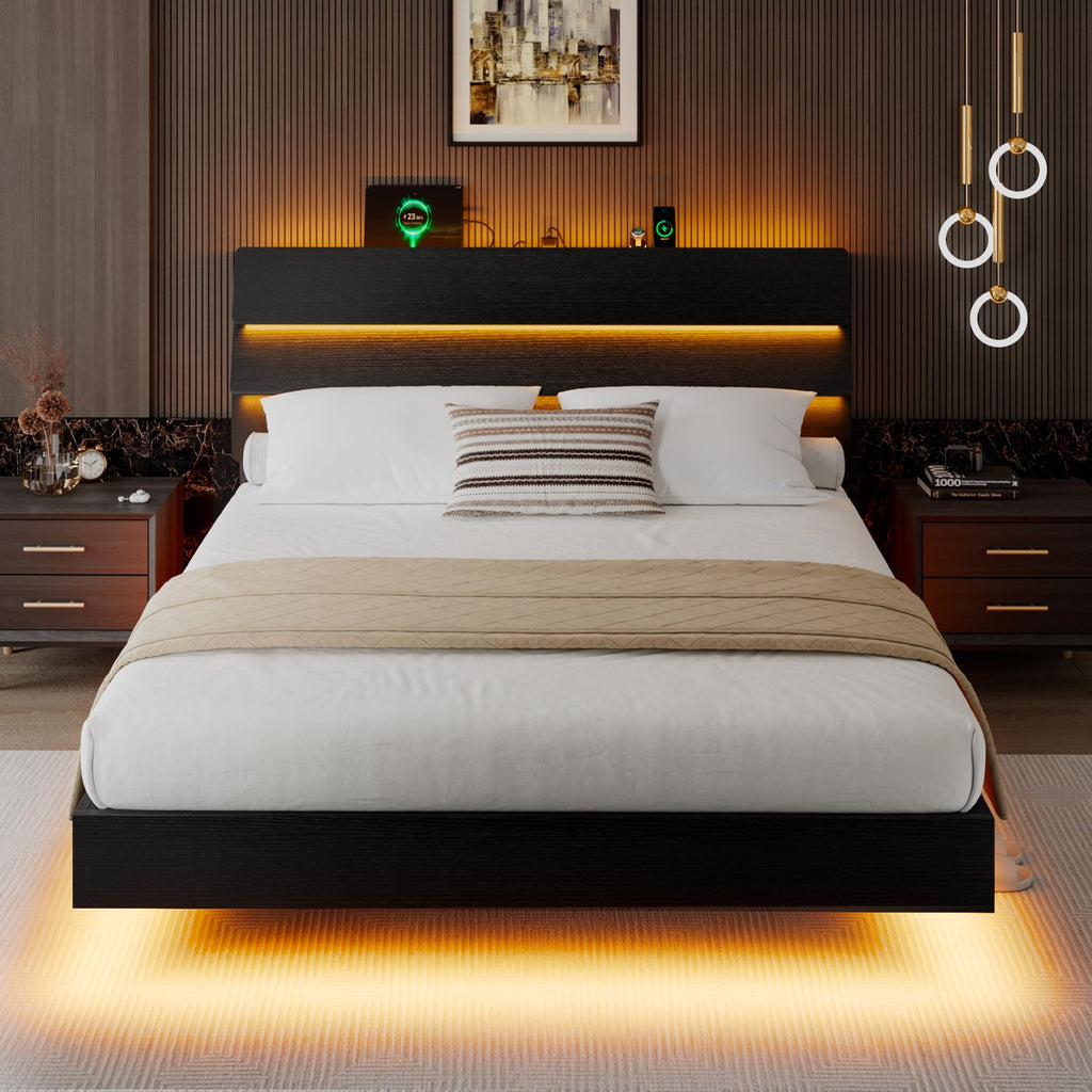 Queen Floating Bed Frame with LED Lights & Charging Station U636819
