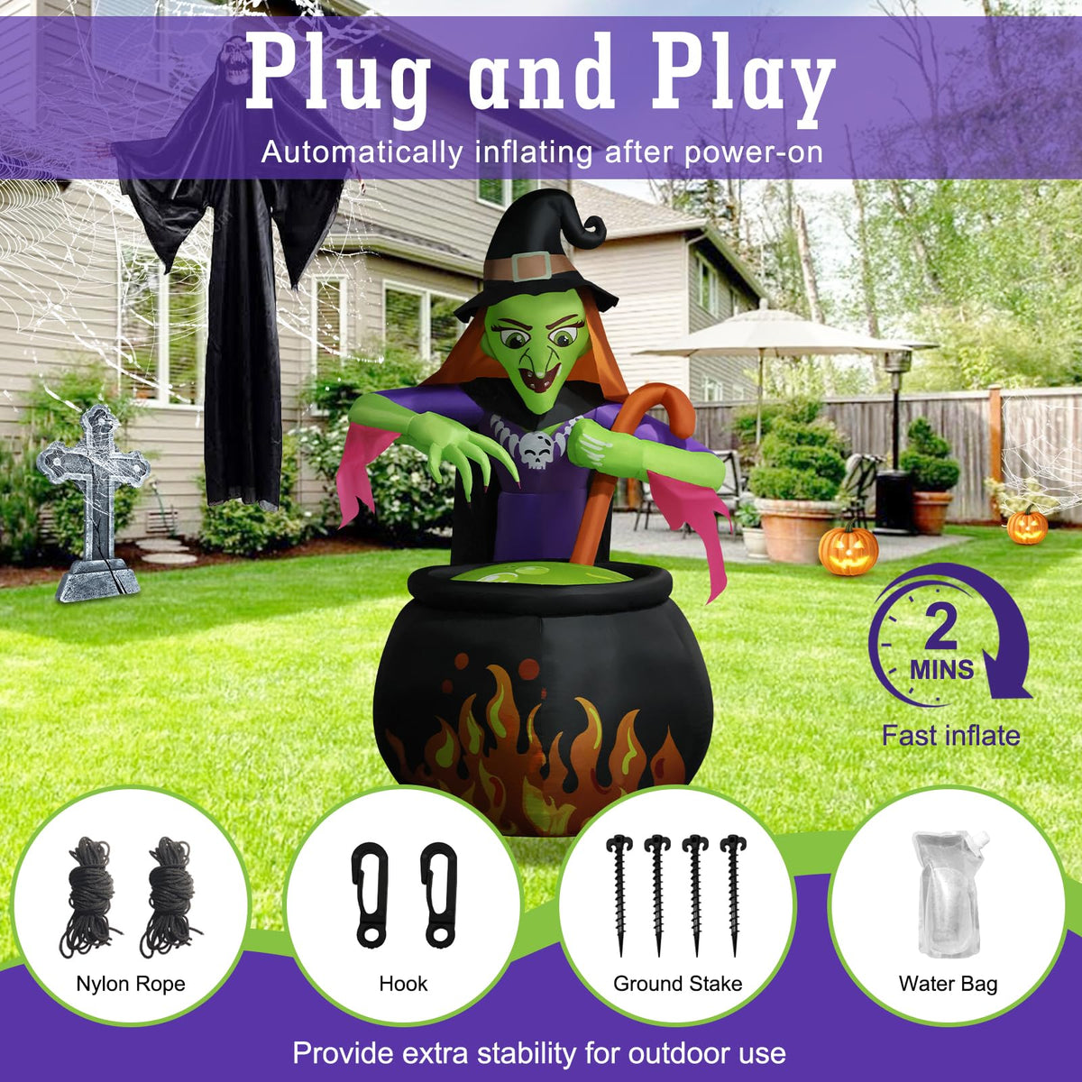 8Ft Tall Halloween Inflatable Witch Cauldron with 4 Led Lights J5775