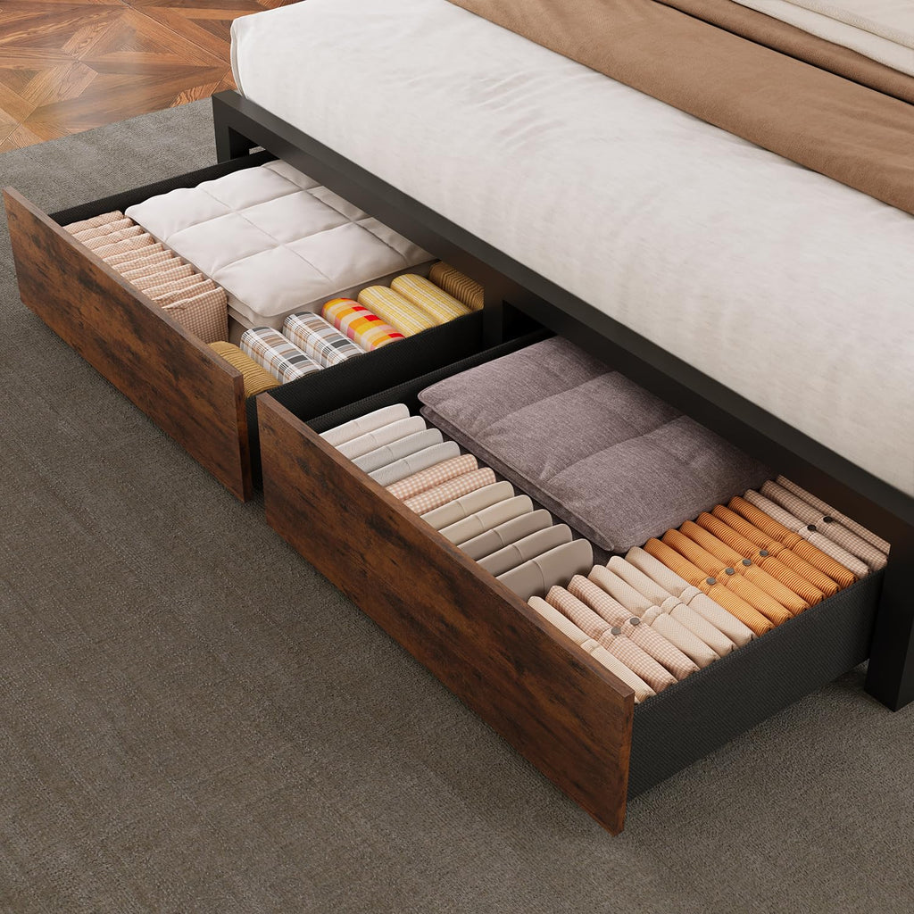 Queen Bed Frame with Bookcase Storage Headboard and 2 Storage Drawers N398