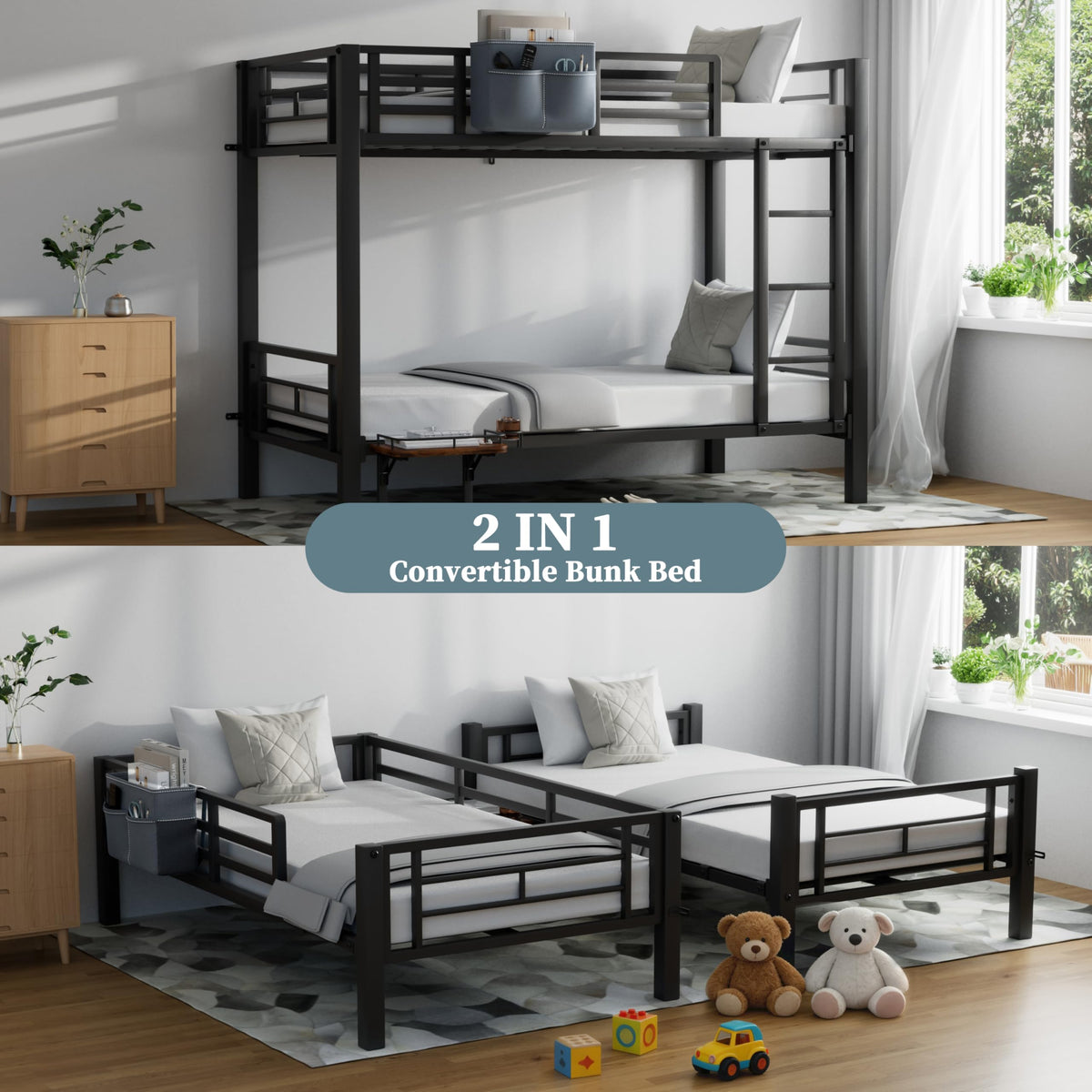 Twin Over Twin Heavy Duty Metal Bunk Bed with Guardrail J64708