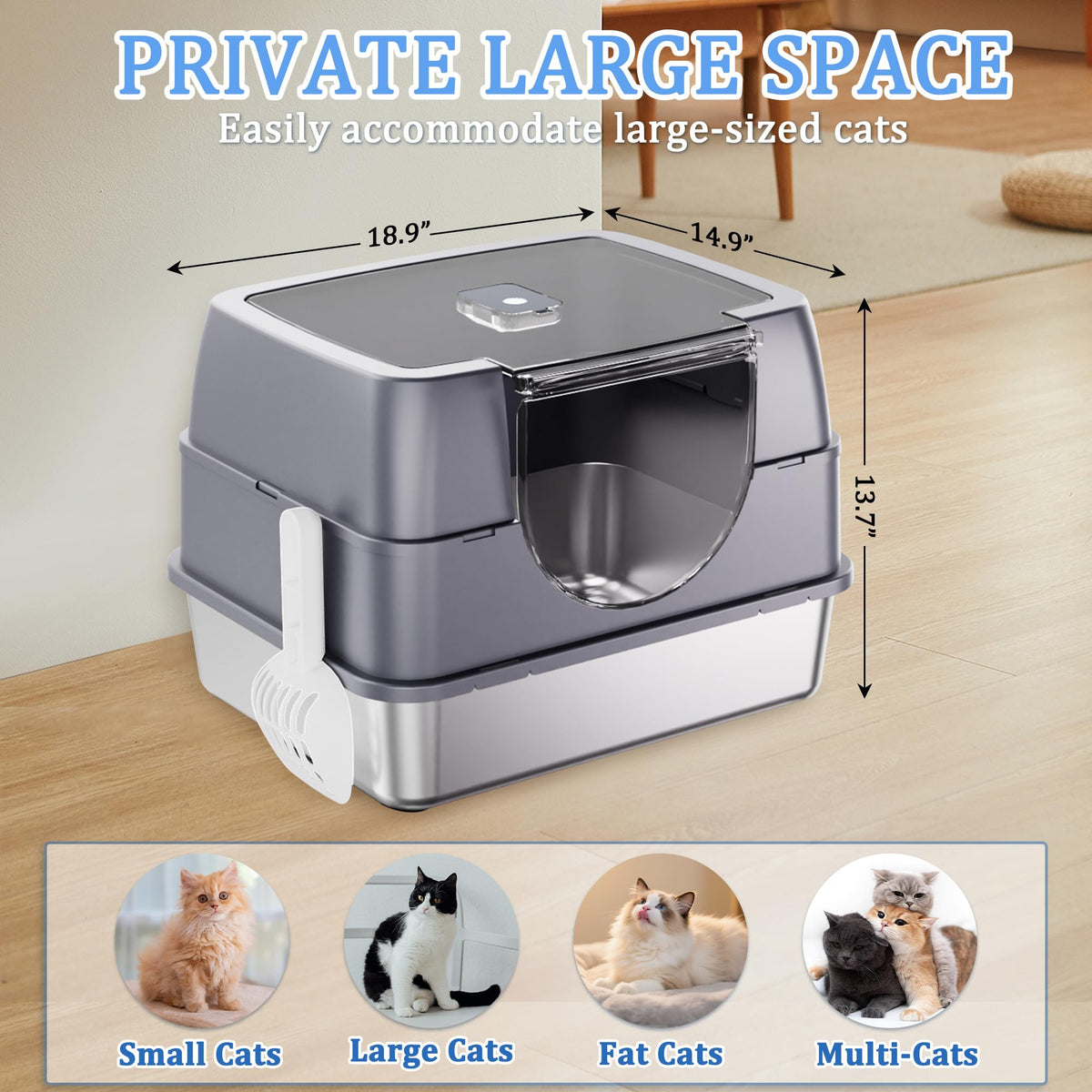 Stainless Steel Enclosed Cat Litter Box with Scoop & Mat X4190