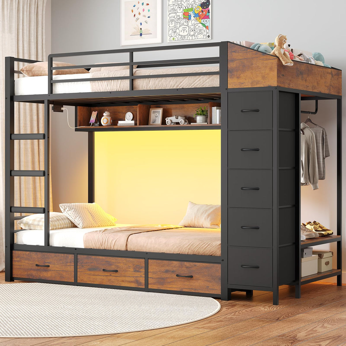 Twin Over Twin Bunk Bed with 8 Storage Drawers and Power Outlets, LED Metal Bunk Bed with Ladder, Black Q797310
