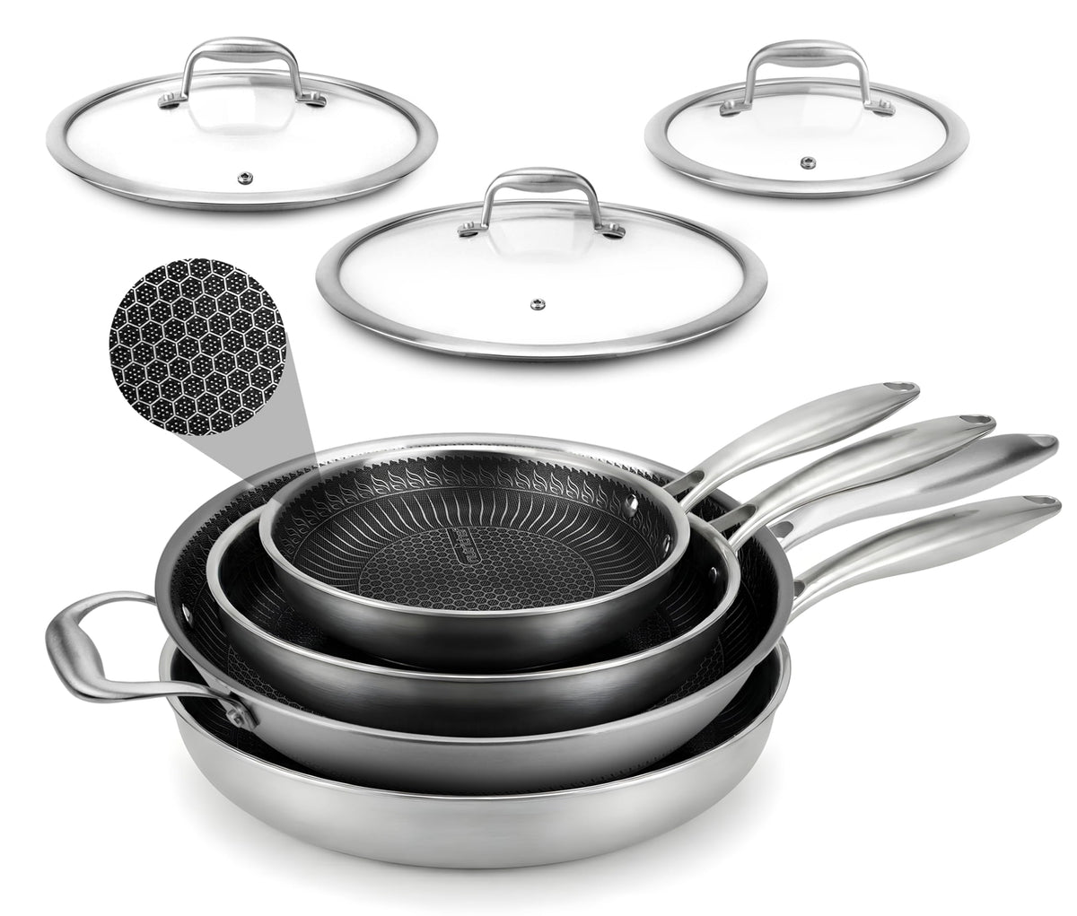 7-Piece Tri-Ply Stainless Steel Frying Pan Set & Wok O6084