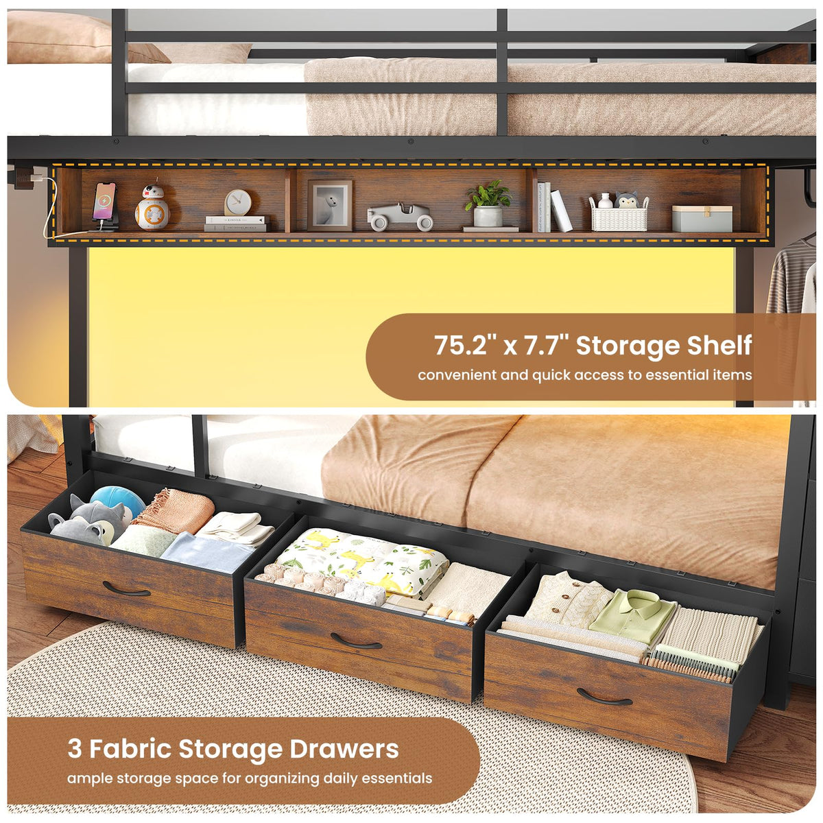 Twin Over Twin Bunk Bed with 8 Storage Drawers and Power Outlets, LED Metal Bunk Bed with Ladder, Black Q797310