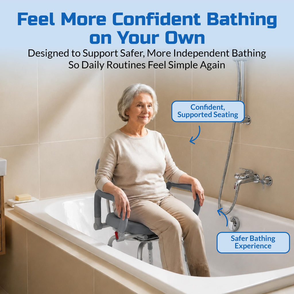 Gray Pivoting Shower Chair with Padded Back and Arms I87582
