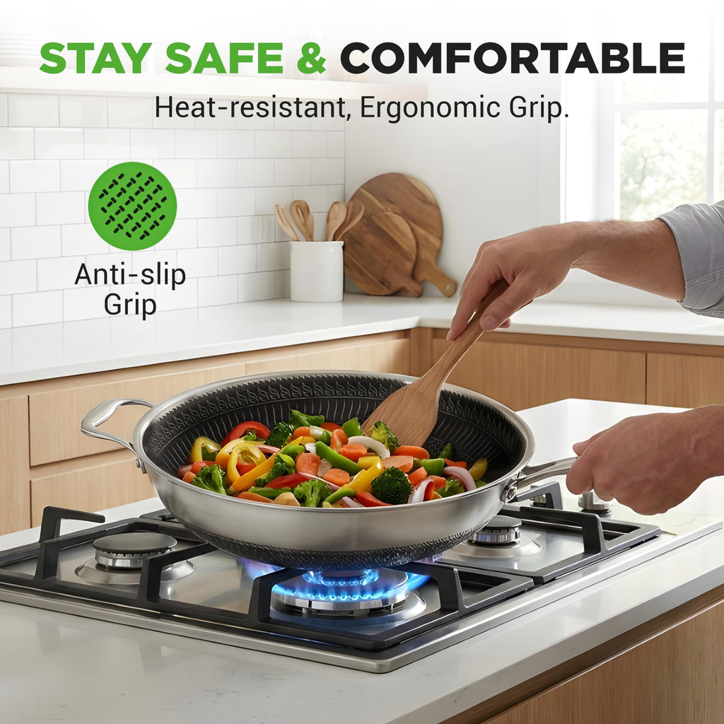 7-Piece Tri-Ply Stainless Steel Frying Pan Set & Wok O6084