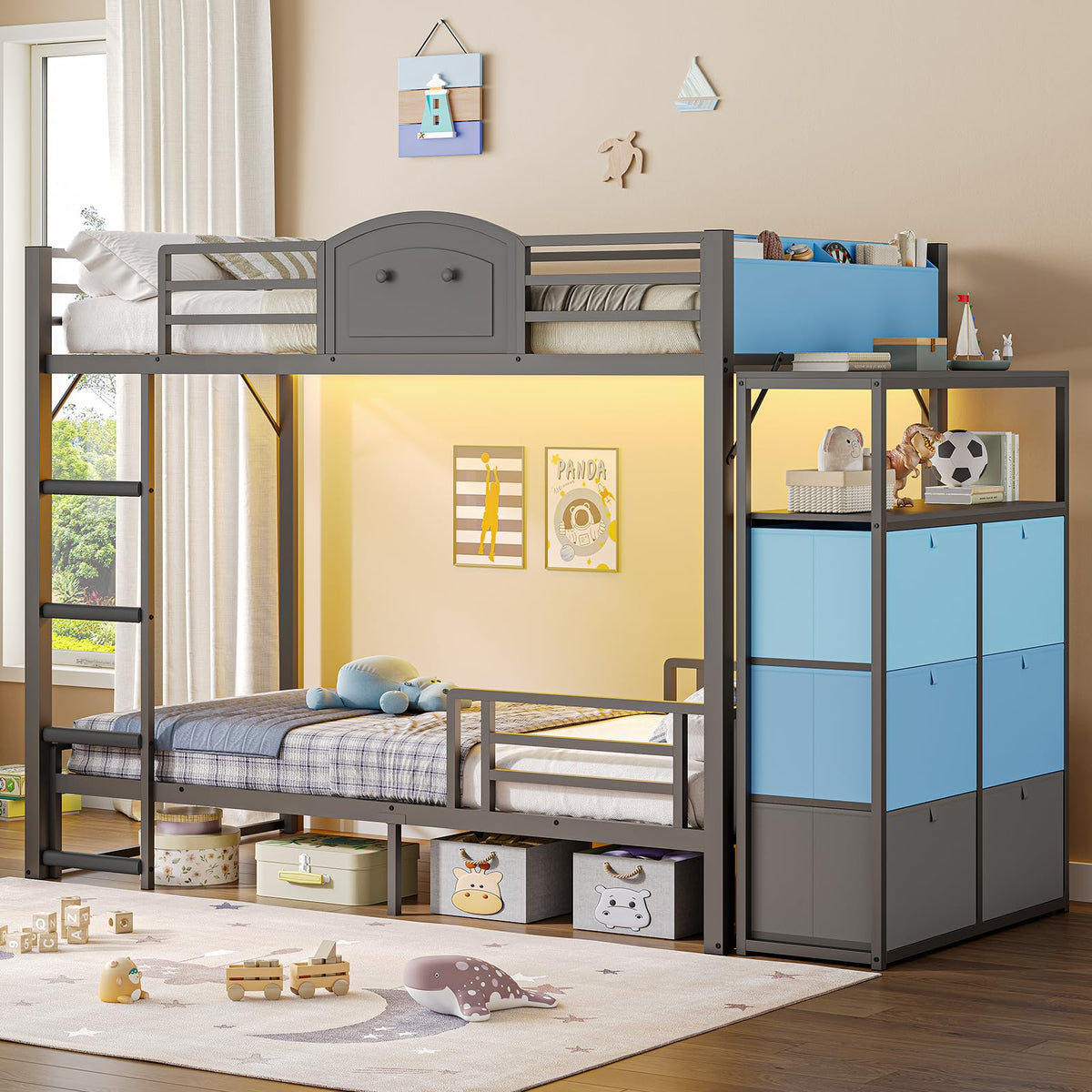 Twin Over Twin Metal Bunk Bed with 6 Storage Drawers S8084