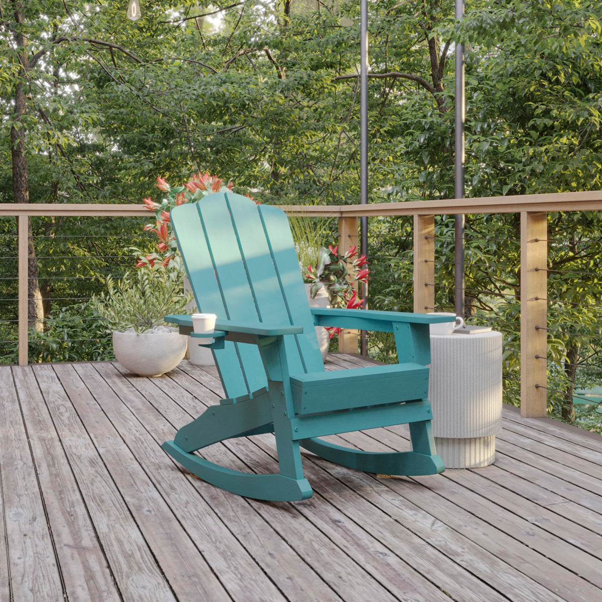 Blue HDPE Adirondack Rocking Chair with Cup Holder I876149