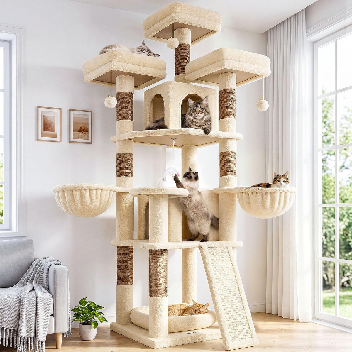 70 Inch Beige Cat Tower with Scratching Post X74385