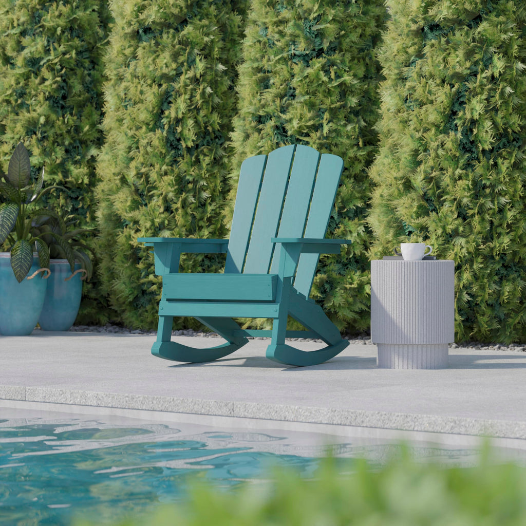 Blue HDPE Adirondack Rocking Chair with Cup Holder I876149