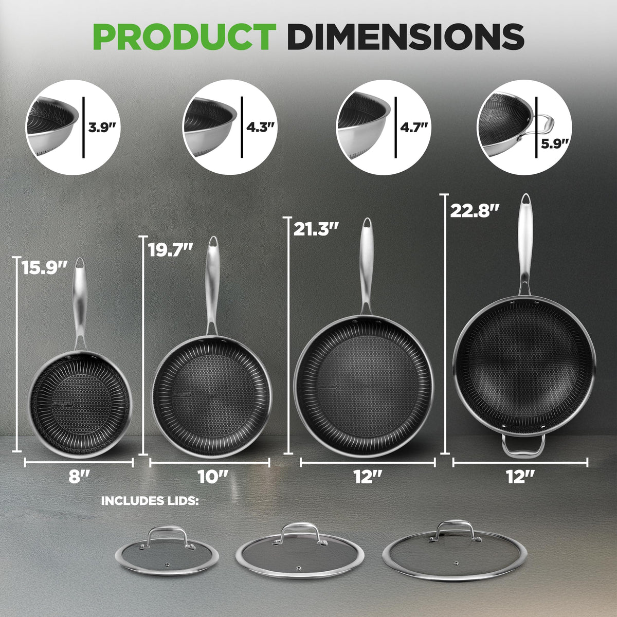 7-Piece Tri-Ply Stainless Steel Frying Pan Set & Wok O6084