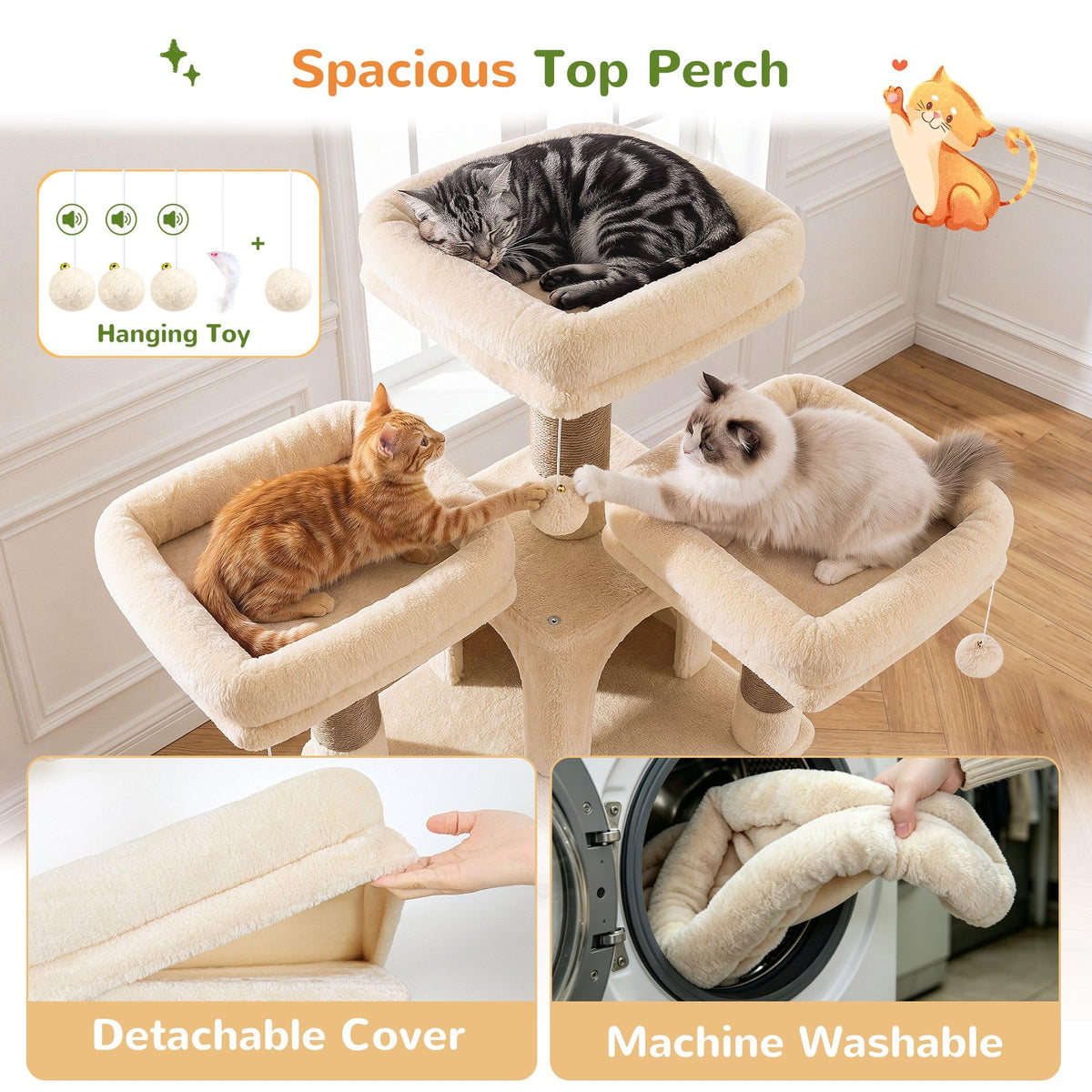 70 Inch Beige Cat Tower with Scratching Post X74385